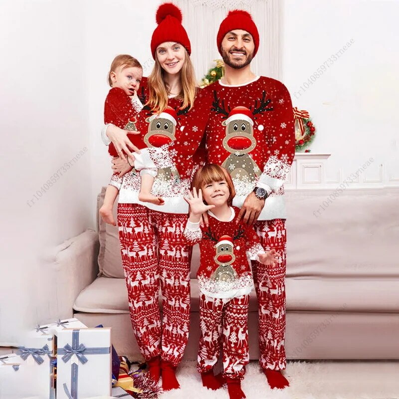 Christmas family matching pyjamas with Rudolf and snow 