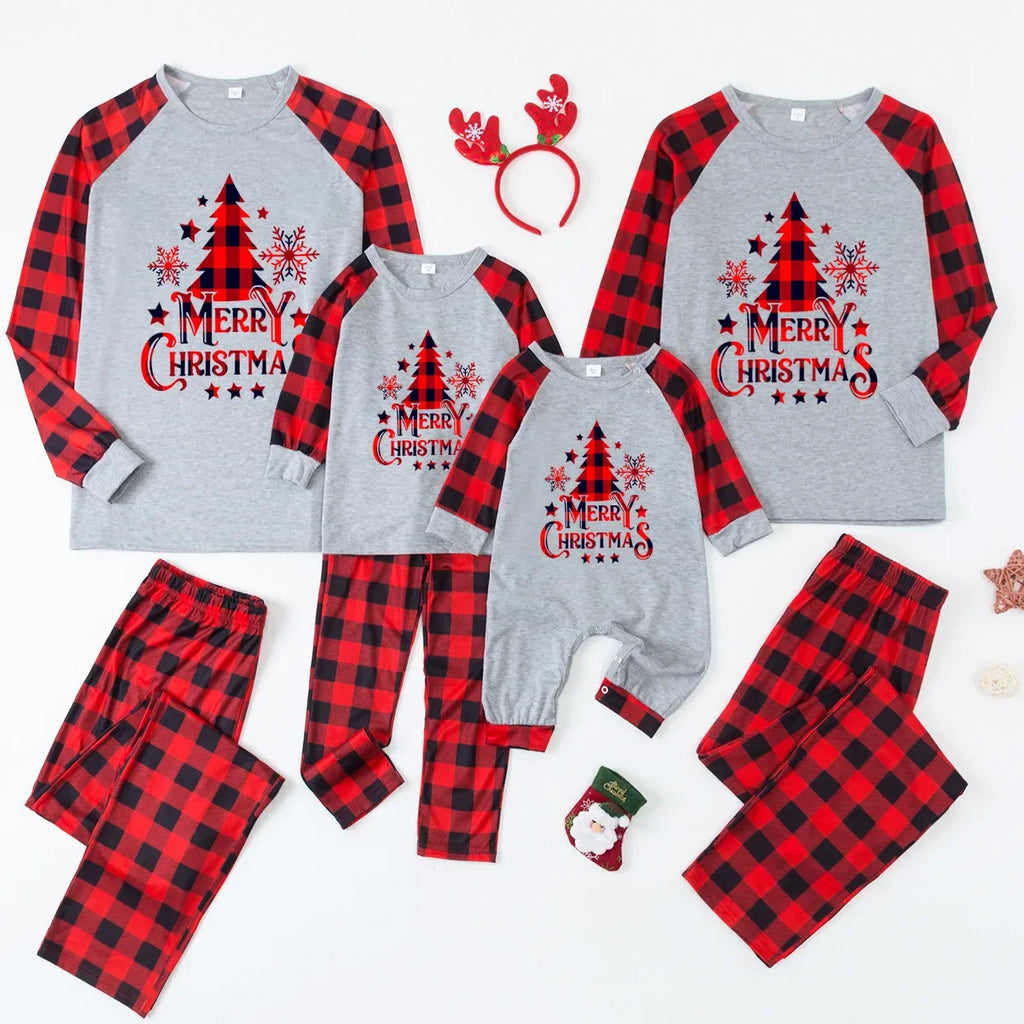 Christmas tree and plaid pyjamas for family fun