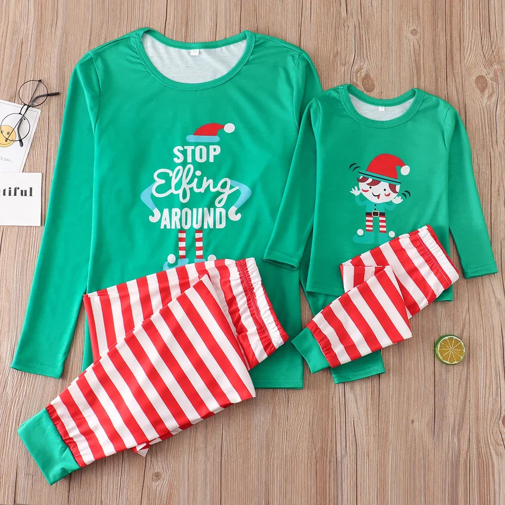 Family bonding in elf-themed Christmas pajamas