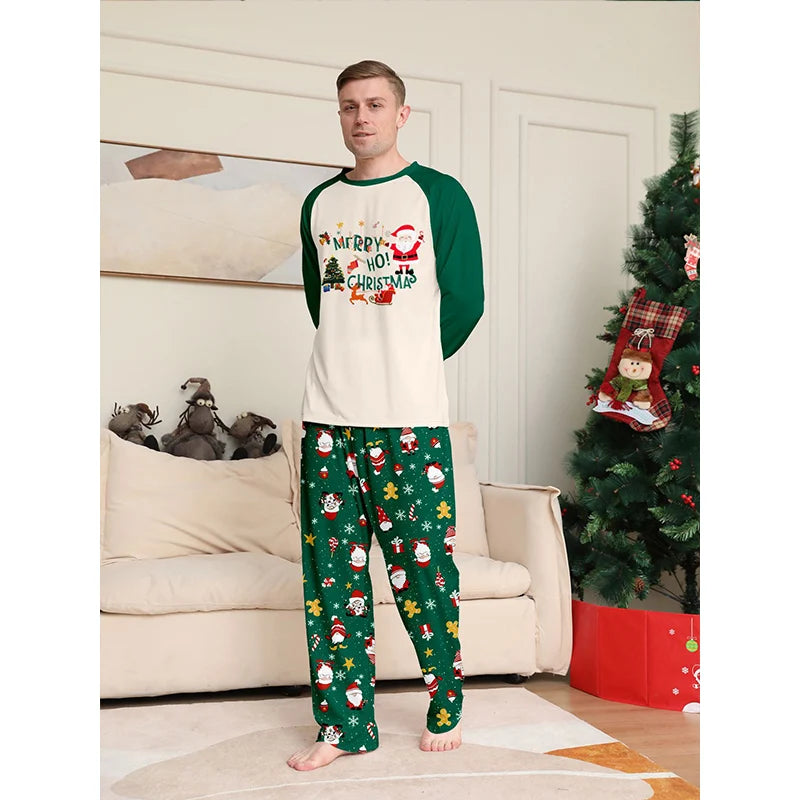 Cosy family pyjama set with green Santa design