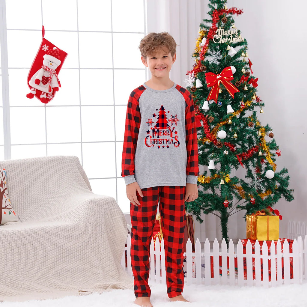 Family holiday pyjamas with plaid and Christmas theme