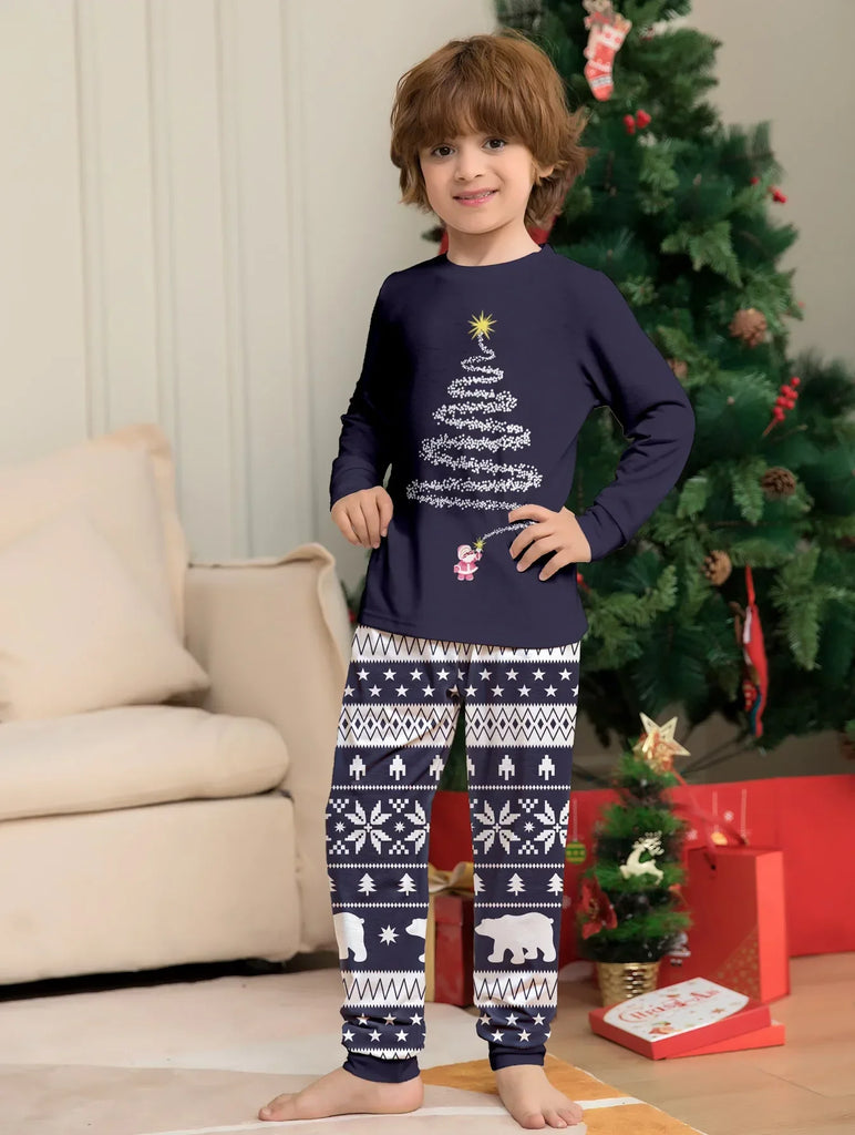 Matching holiday pyjamas with navy tree pattern