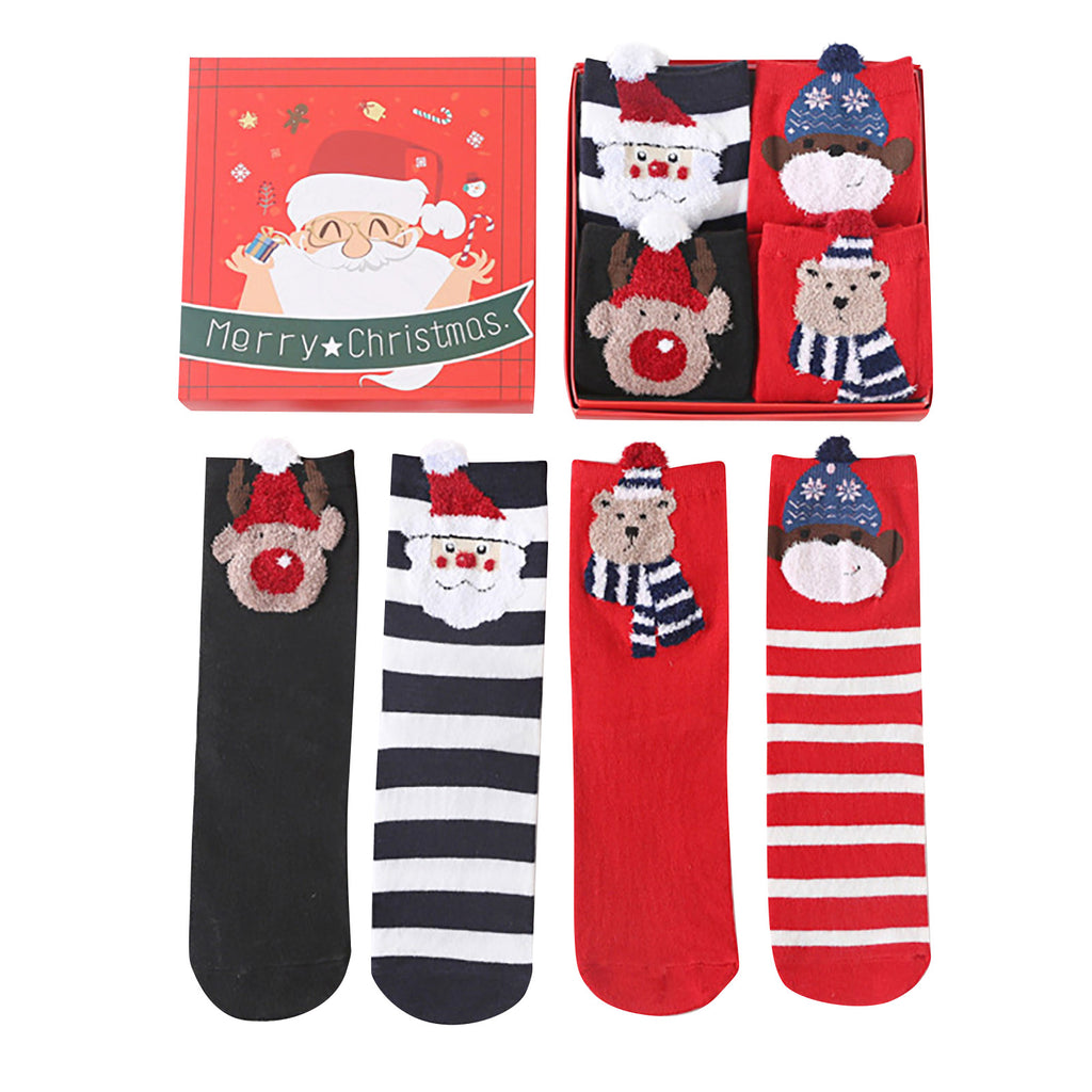 Fun Cartoon Christmas Socks with Gift Box - 4 Pairs