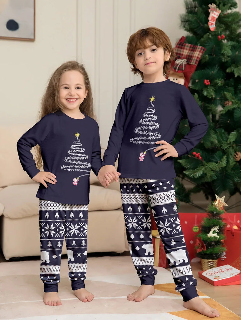 Cosy navy pyjama set featuring Christmas trees