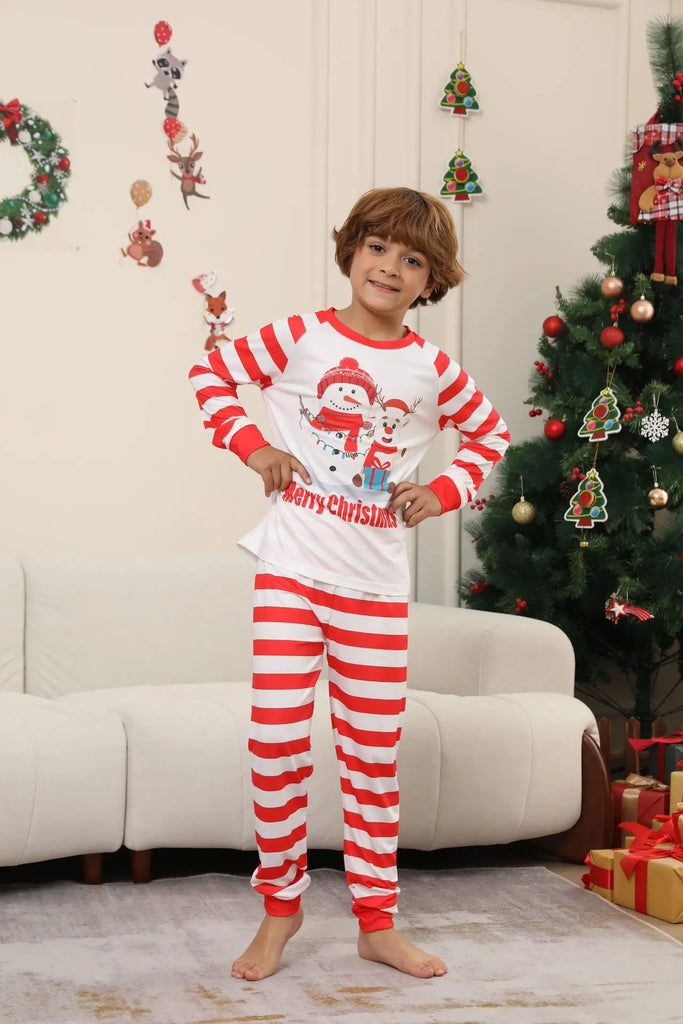 Snowman-themed Christmas pyjamas for family lounging