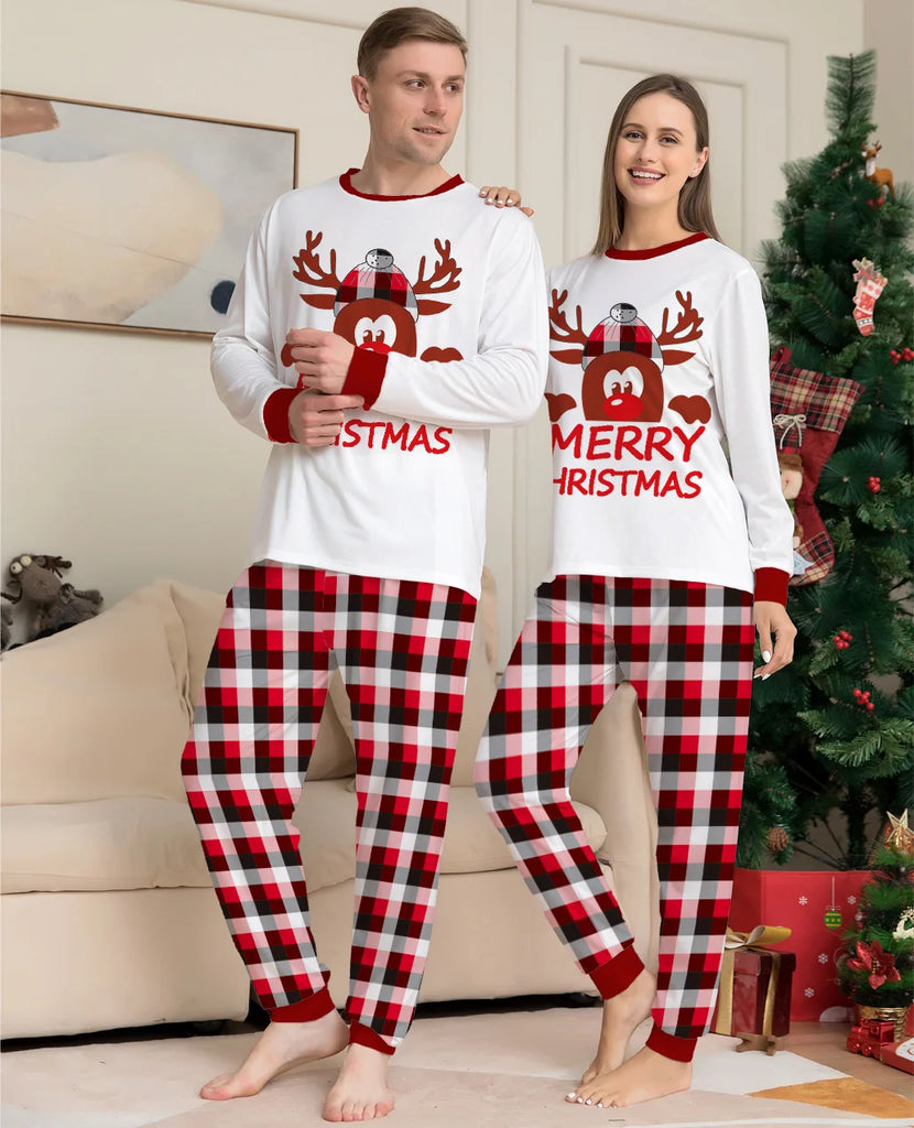 Red plaid family pyjama set featuring Rudolf